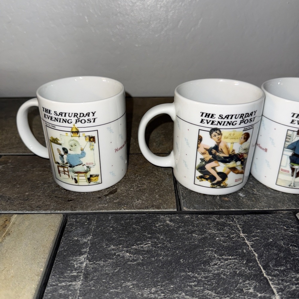 VINTAGE 1992 NORMAN ROCKWELL GALLERY Mugs THE SATURDAY EVENING POST Set of 4